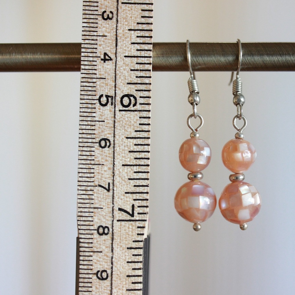 Pink Mother of Pearl Mosaic Bead Dangle Earrings Silver Tone French Hook H8 - Picture 2 of 3